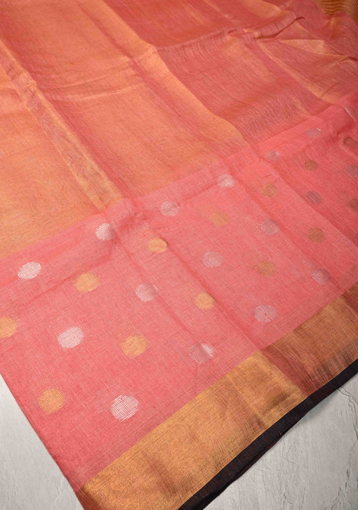 Salmon Pink Tissue Body Linen Saree in Muted Antique Gold with Sona Rupa Polka Dots Skirt Border