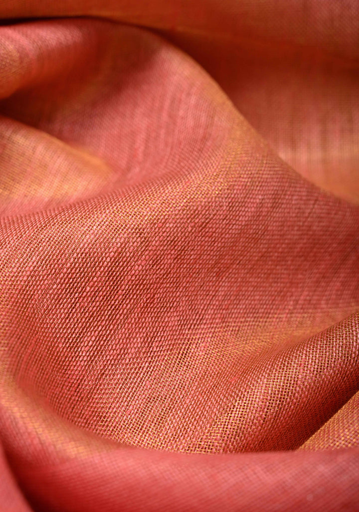 Salmon Pink Tissue Body Linen Saree in Muted Antique Gold with Sona Rupa Polka Dots Skirt Border