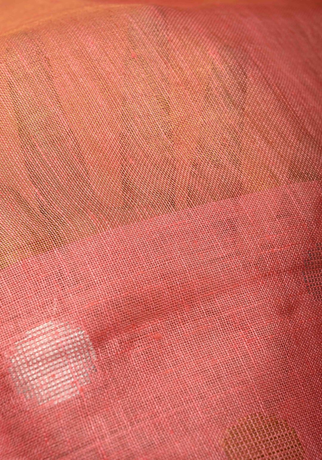 Salmon Pink Tissue Body Linen Saree in Muted Antique Gold with Sona Rupa Polka Dots Skirt Border