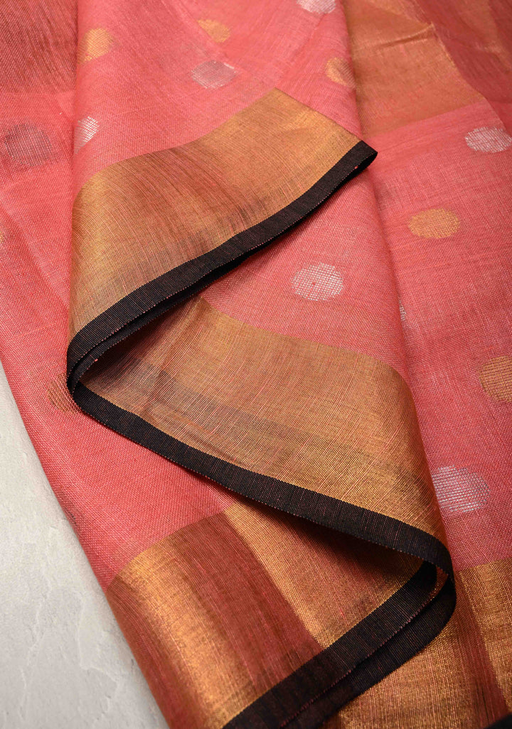 Salmon Pink Tissue Body Linen Saree in Muted Antique Gold with Sona Rupa Polka Dots Skirt Border