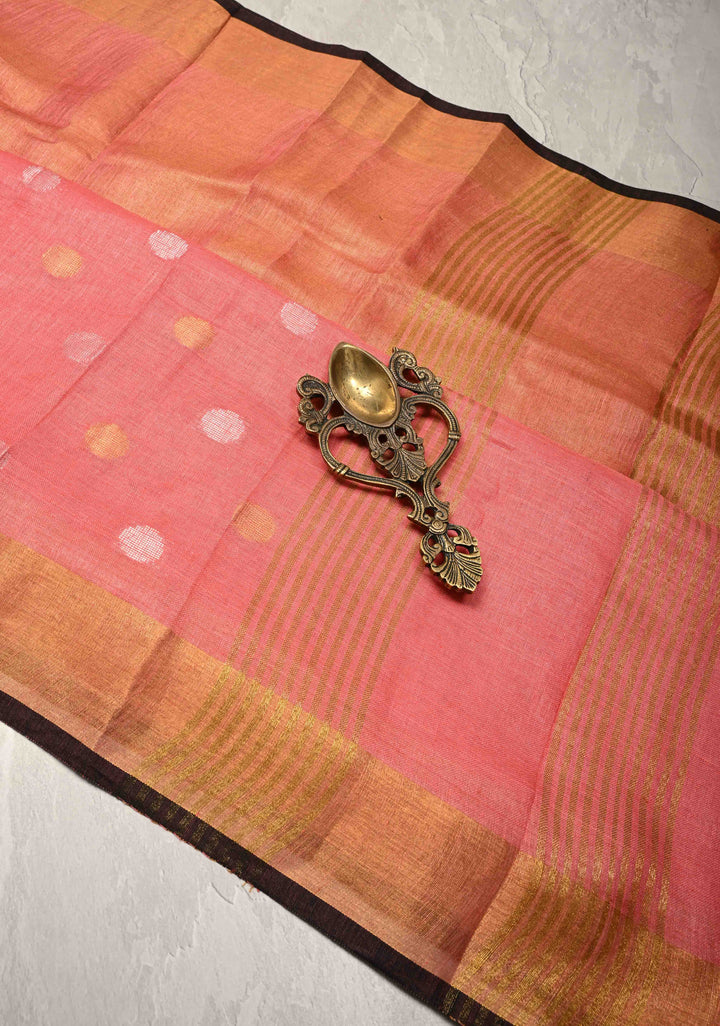 Salmon Pink Tissue Body Linen Saree in Muted Antique Gold with Sona Rupa Polka Dots Skirt Border