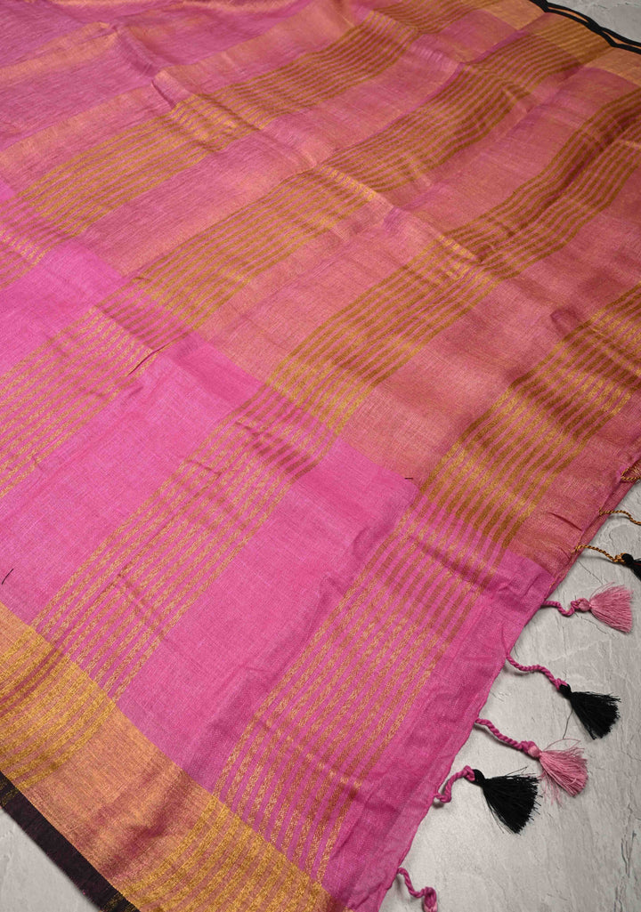 Bubblegum Pink Tissue Body Linen Saree in Muted Antique Gold with Sona Rupa Polka Dots Skirt Border