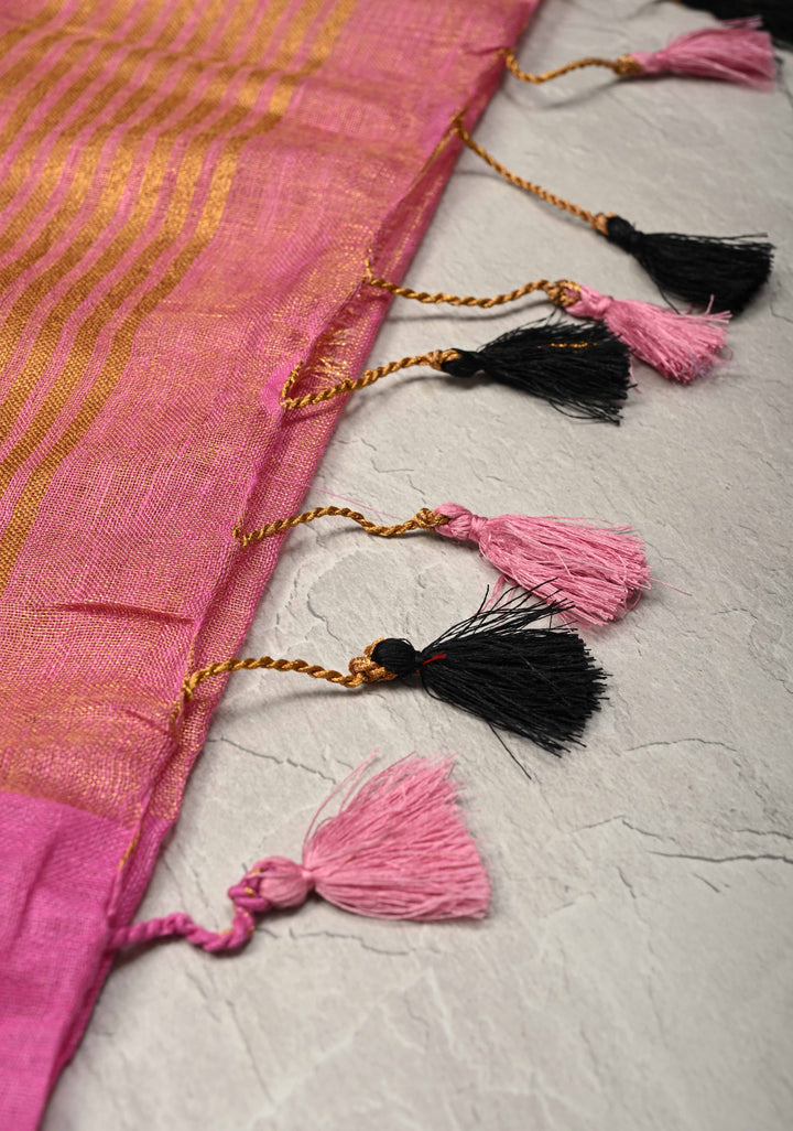 Bubblegum Pink Tissue Body Linen Saree in Muted Antique Gold with Sona Rupa Polka Dots Skirt Border