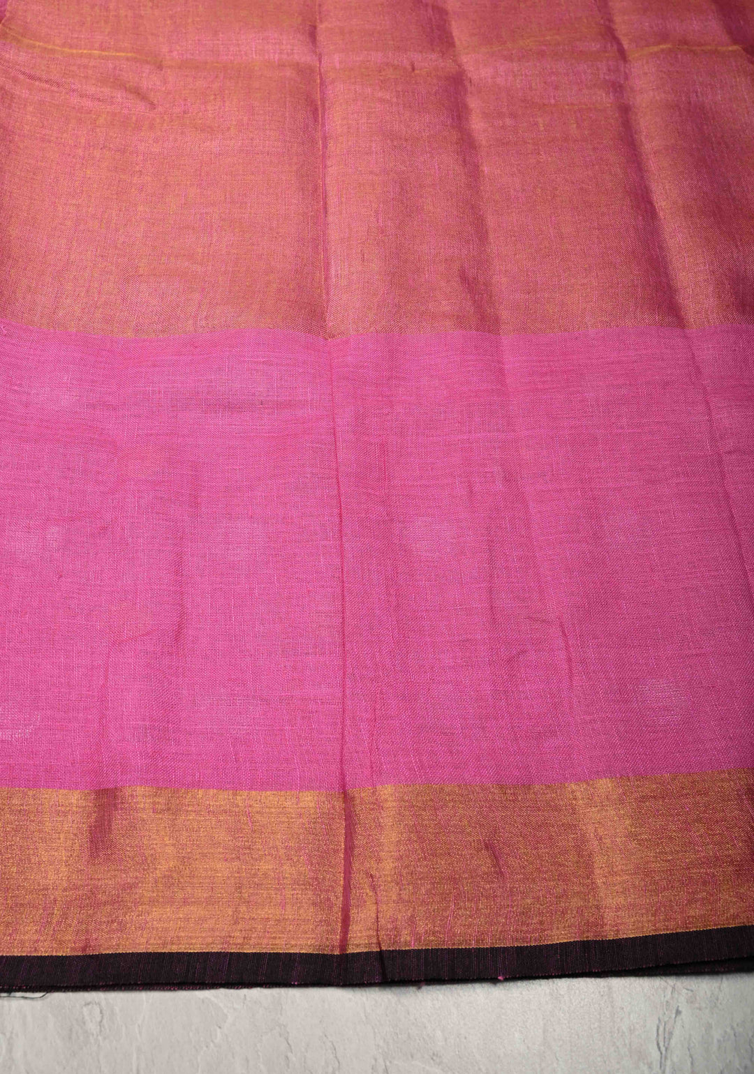 Bubblegum Pink Tissue Body Linen Saree in Muted Antique Gold with Sona Rupa Polka Dots Skirt Border