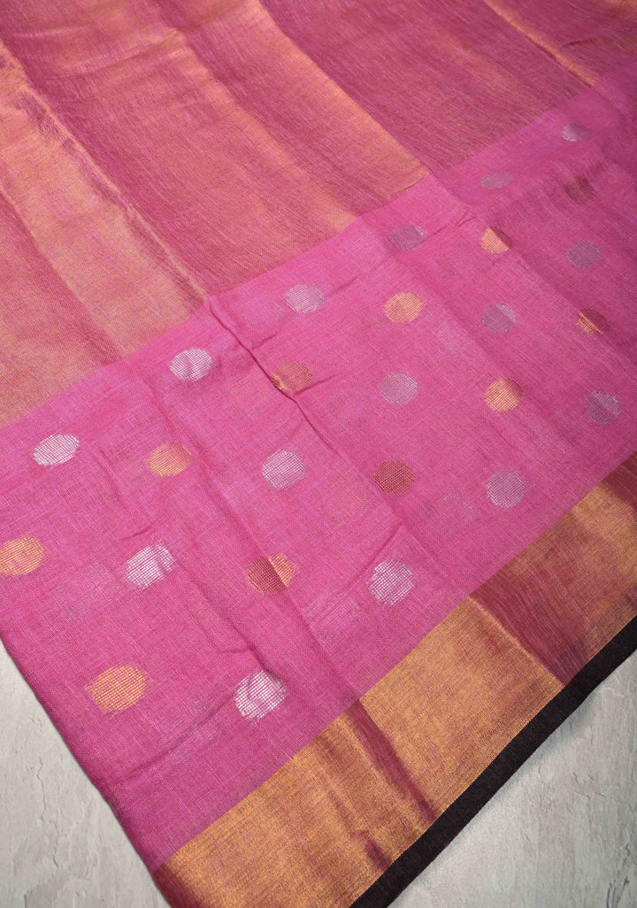 Bubblegum Pink Tissue Body Linen Saree in Muted Antique Gold with Sona Rupa Polka Dots Skirt Border