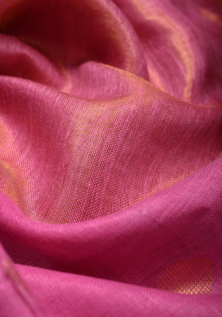 Bubblegum Pink Tissue Body Linen Saree in Muted Antique Gold with Sona Rupa Polka Dots Skirt Border