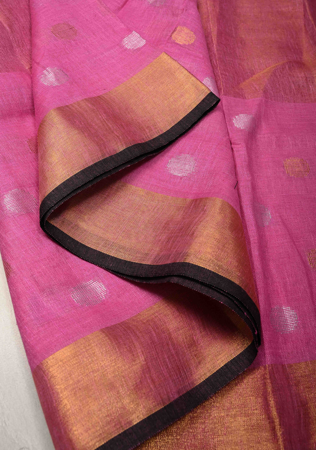 Bubblegum Pink Tissue Body Linen Saree in Muted Antique Gold with Sona Rupa Polka Dots Skirt Border