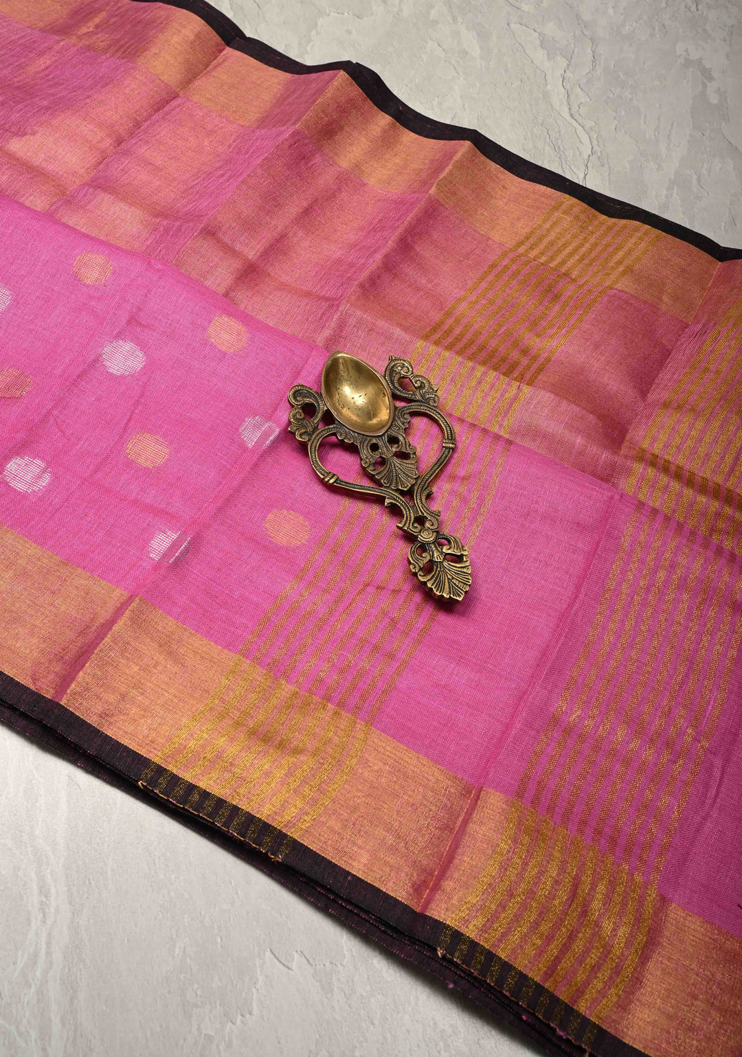 Bubblegum Pink Tissue Body Linen Saree in Muted Antique Gold with Sona Rupa Polka Dots Skirt Border