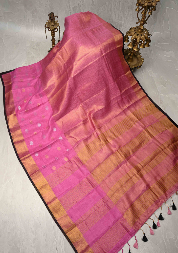 Bubblegum Pink Tissue Body Linen Saree in Muted Antique Gold with Sona Rupa Polka Dots Skirt Border