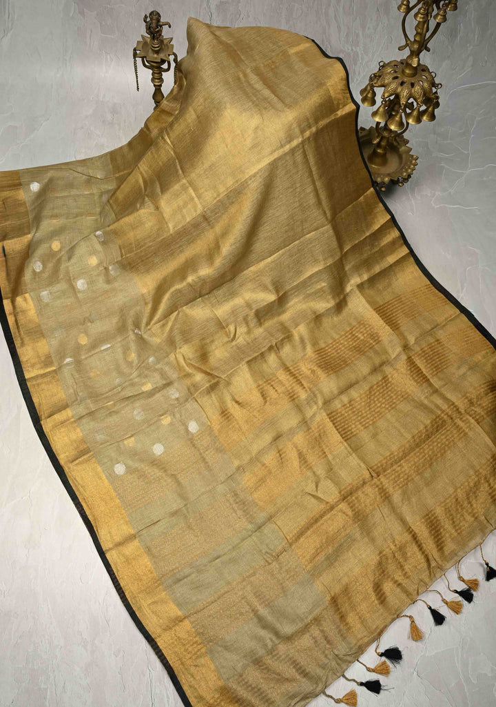 Patina Gray Tissue Body Linen Saree in Muted Antique Gold with Sona Rupa Polka Dots Skirt Border