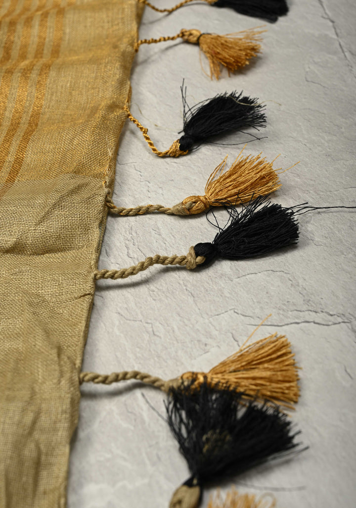 Patina Gray Tissue Body Linen Saree in Muted Antique Gold with Sona Rupa Polka Dots Skirt Border