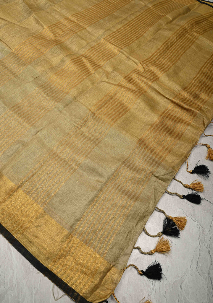 Patina Gray Tissue Body Linen Saree in Muted Antique Gold with Sona Rupa Polka Dots Skirt Border