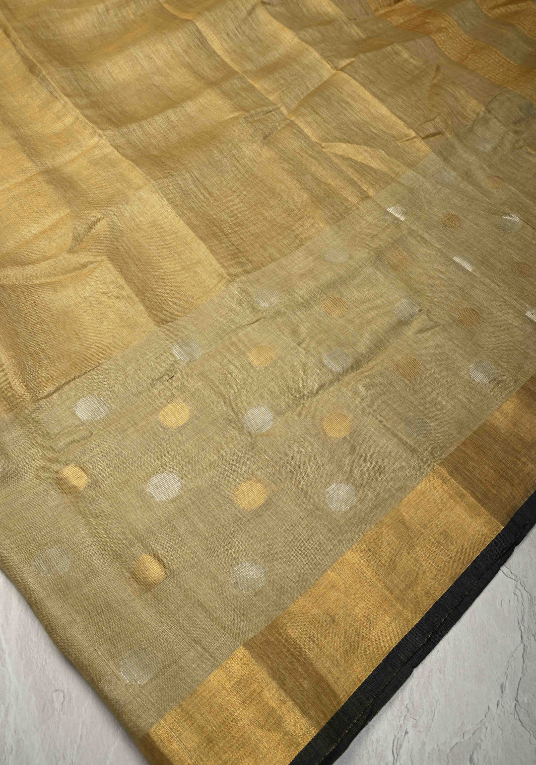 Patina Gray Tissue Body Linen Saree in Muted Antique Gold with Sona Rupa Polka Dots Skirt Border