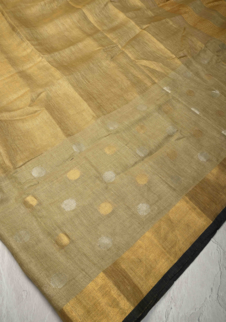 Patina Gray Tissue Body Linen Saree in Muted Antique Gold with Sona Rupa Polka Dots Skirt Border