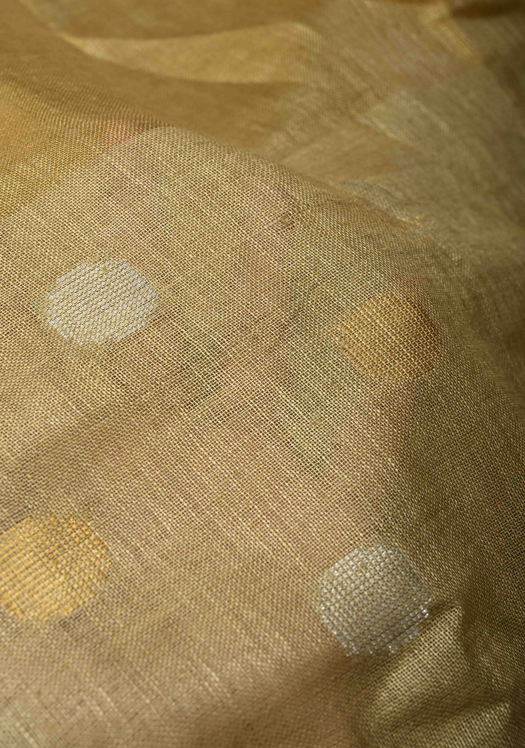 Patina Gray Tissue Body Linen Saree in Muted Antique Gold with Sona Rupa Polka Dots Skirt Border