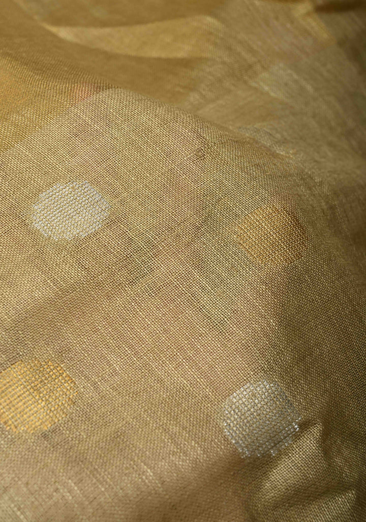 Patina Gray Tissue Body Linen Saree in Muted Antique Gold with Sona Rupa Polka Dots Skirt Border