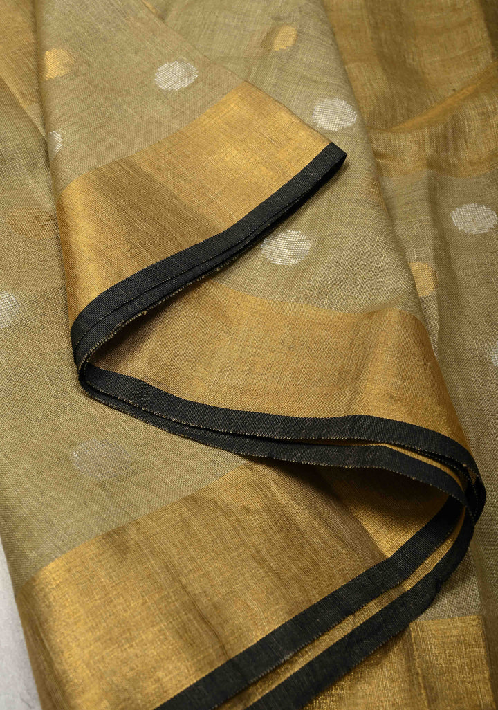 Patina Gray Tissue Body Linen Saree in Muted Antique Gold with Sona Rupa Polka Dots Skirt Border