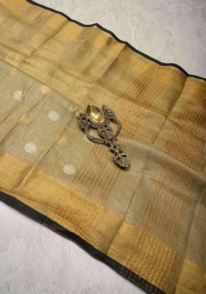 Patina Gray Tissue Body Linen Saree in Muted Antique Gold with Sona Rupa Polka Dots Skirt Border