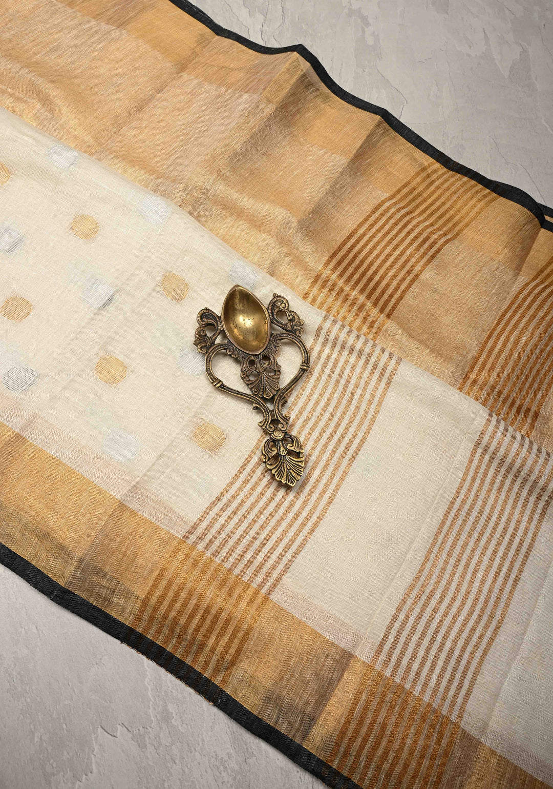 Gold Tissue Body Linen Saree in White with Sona Rupa Polka Dots Skirt Border