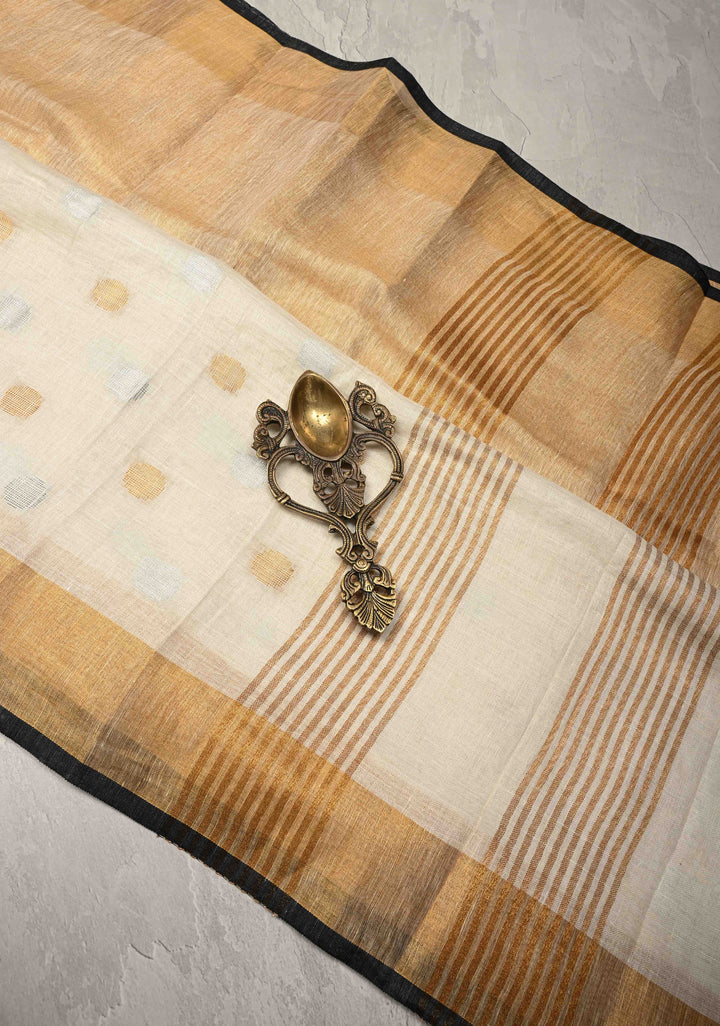 Gold Tissue Body Linen Saree in White with Sona Rupa Polka Dots Skirt Border