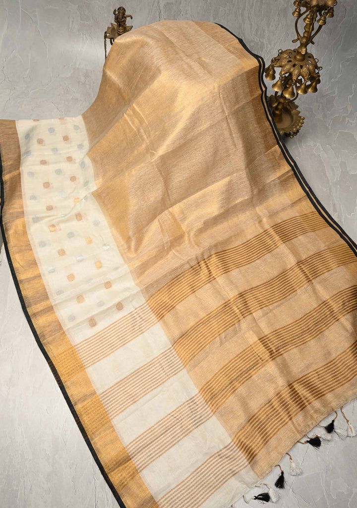 Gold Tissue Body Linen Saree in White with Sona Rupa Polka Dots Skirt Border