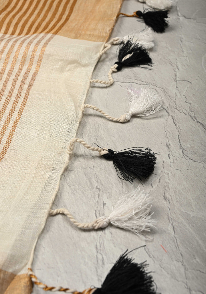 Gold Tissue Body Linen Saree in White with Sona Rupa Polka Dots Skirt Border