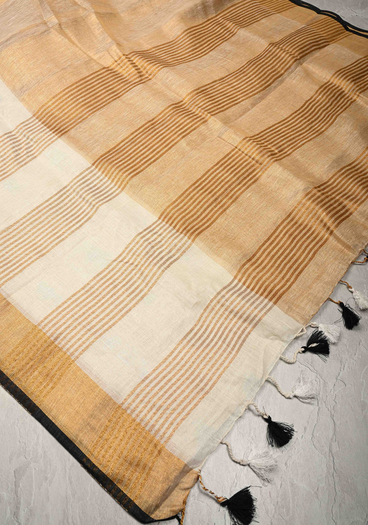 Gold Tissue Body Linen Saree in White with Sona Rupa Polka Dots Skirt Border