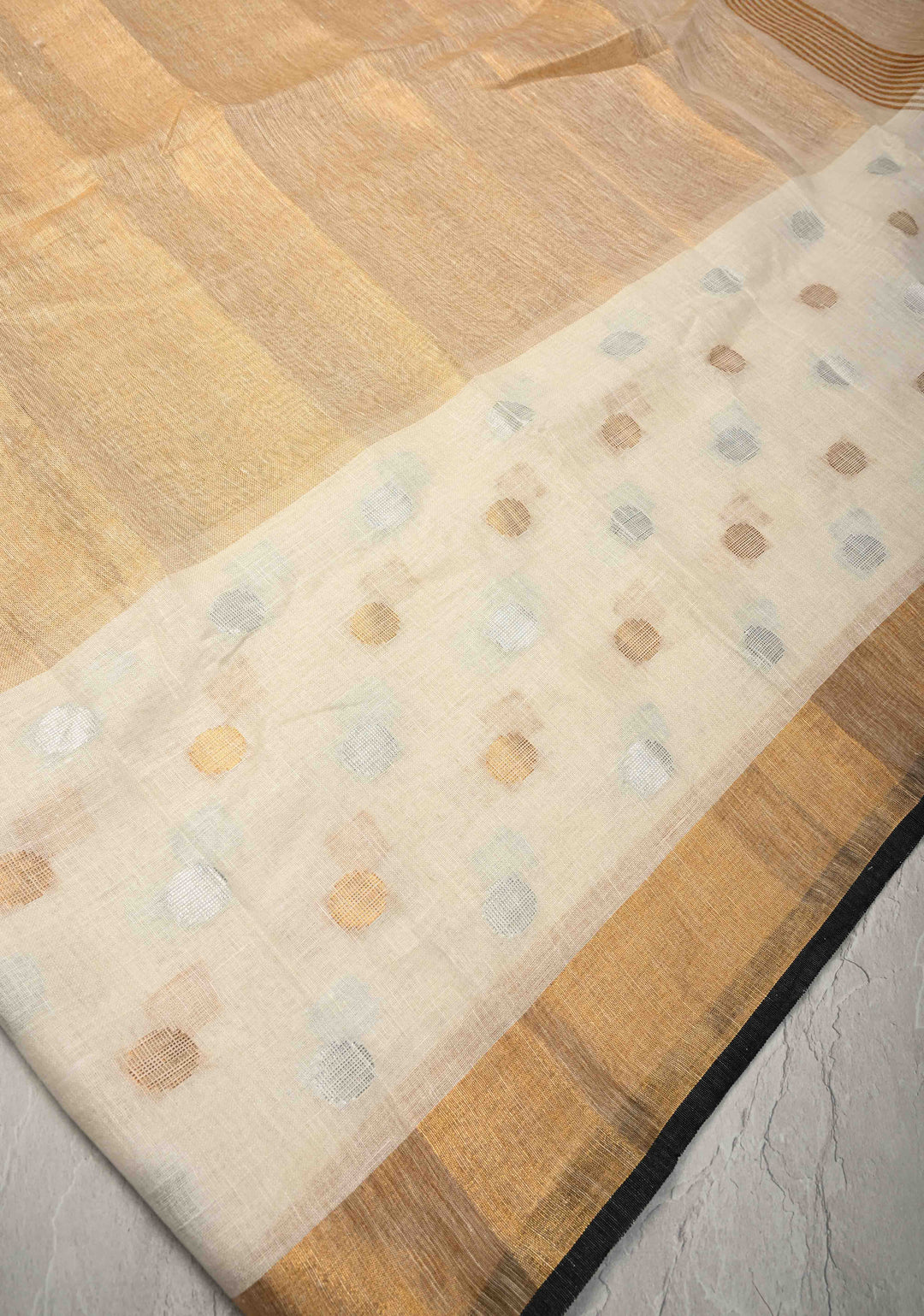 Gold Tissue Body Linen Saree in White with Sona Rupa Polka Dots Skirt Border