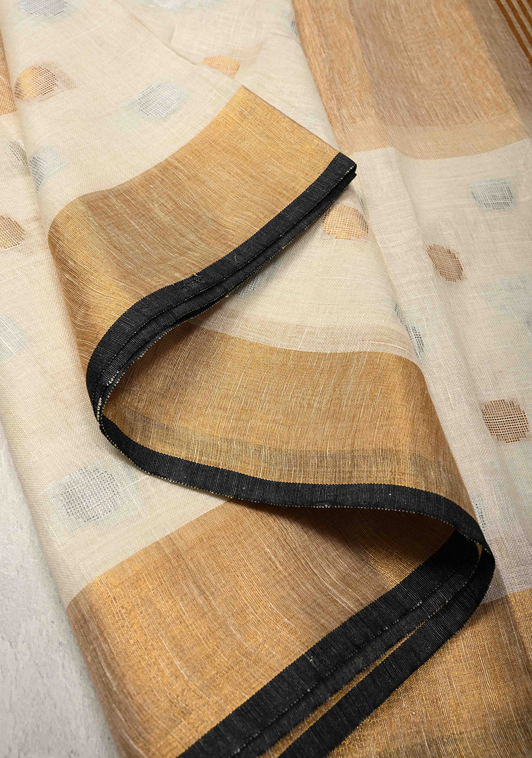 Gold Tissue Body Linen Saree in White with Sona Rupa Polka Dots Skirt Border