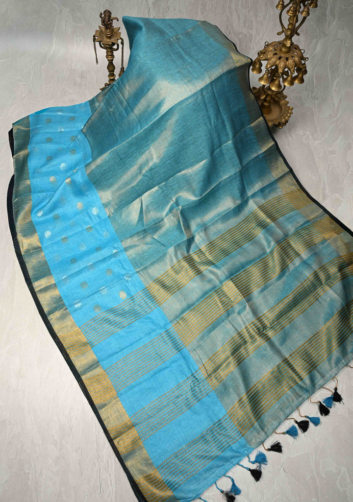 Sky Blue Tissue Body Linen Saree in Muted Antique Gold with Sona Rupa Polka Dots Skirt Border