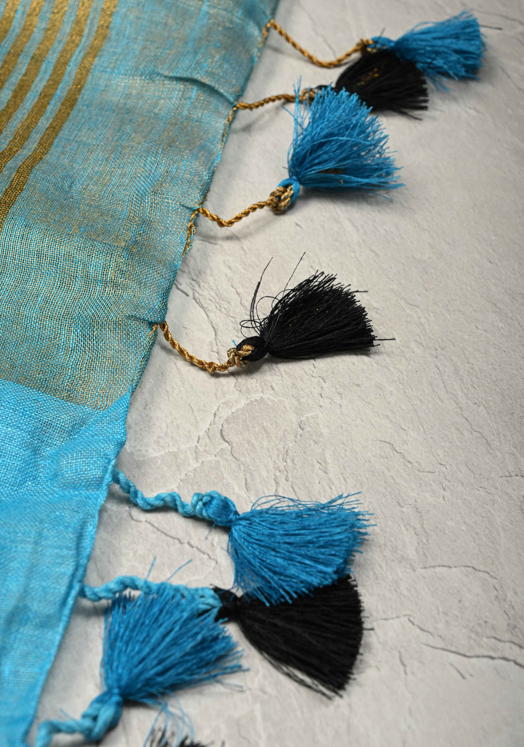 Sky Blue Tissue Body Linen Saree in Muted Antique Gold with Sona Rupa Polka Dots Skirt Border