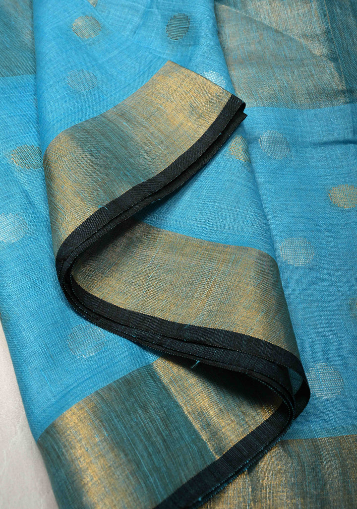 Sky Blue Tissue Body Linen Saree in Muted Antique Gold with Sona Rupa Polka Dots Skirt Border