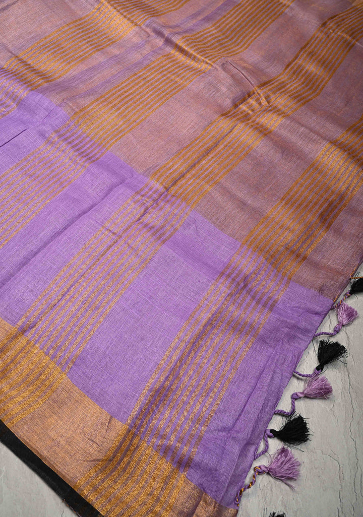 Lavender Tissue Body Linen Saree in Muted Antique Gold with Sona Rupa Polka Dots Skirt Border