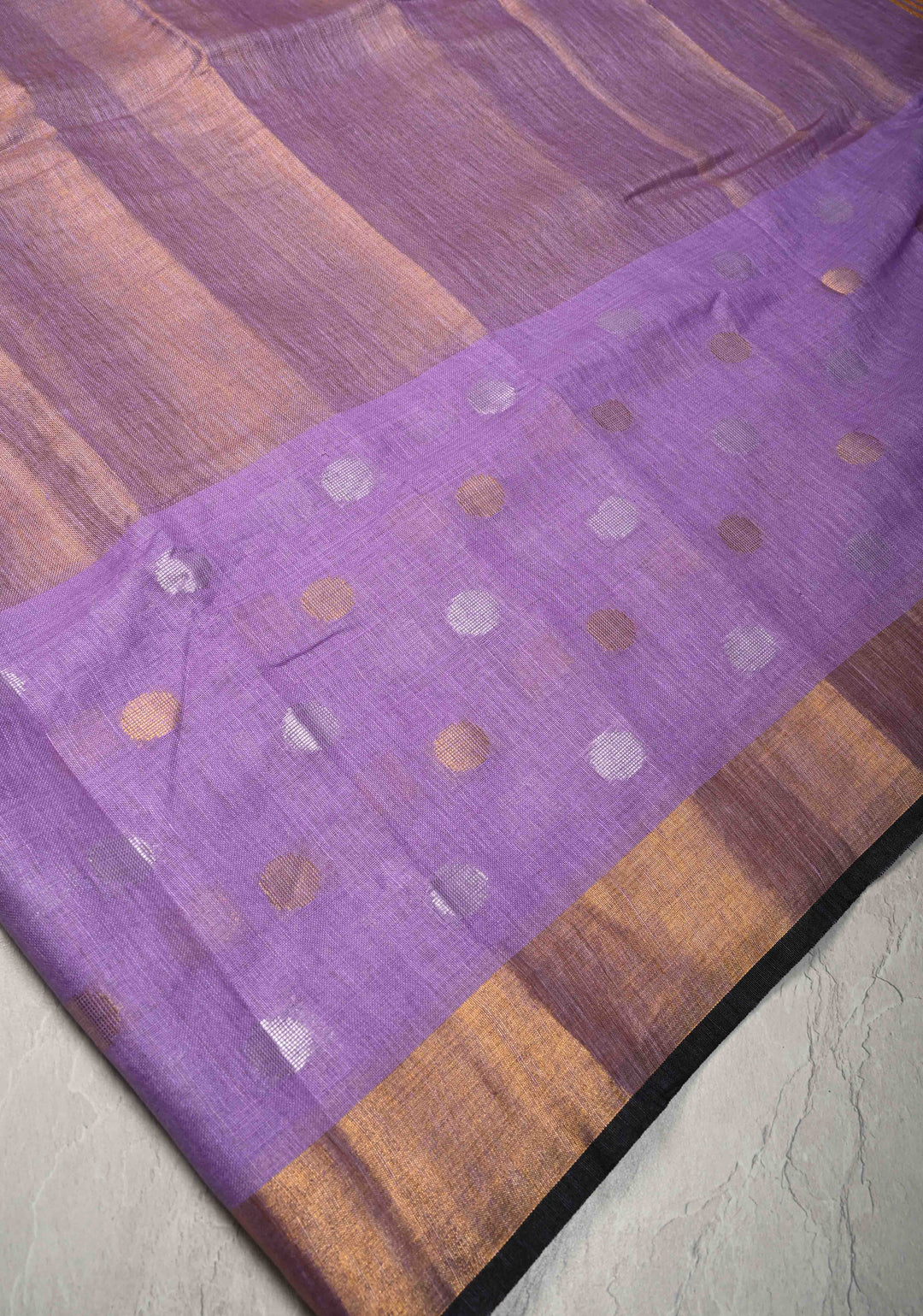 Lavender Tissue Body Linen Saree in Muted Antique Gold with Sona Rupa Polka Dots Skirt Border