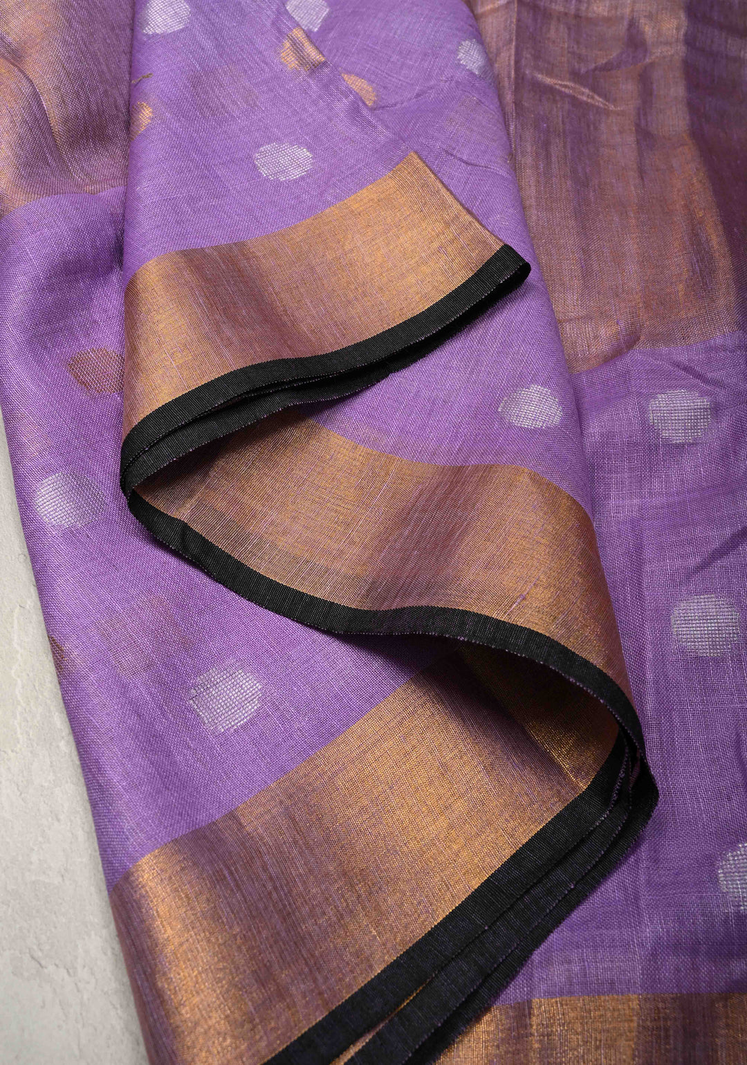 Lavender Tissue Body Linen Saree in Muted Antique Gold with Sona Rupa Polka Dots Skirt Border