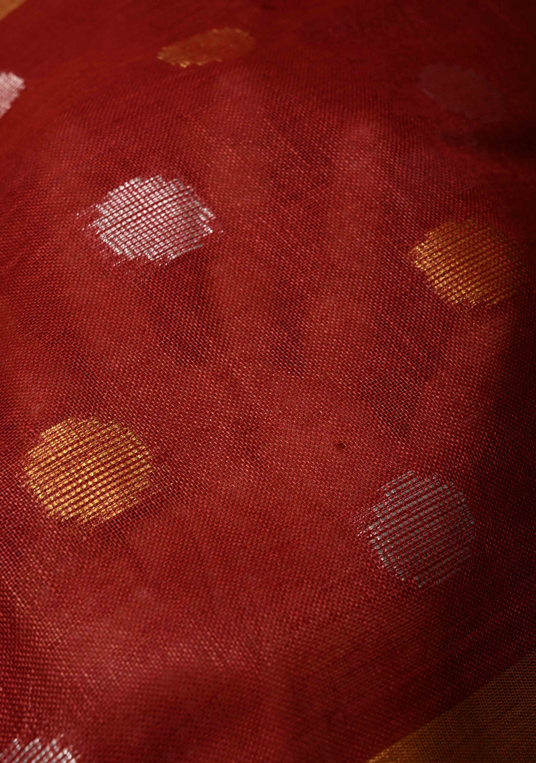 Maroon Tissue Body Linen Saree in Muted Antique Gold with Sona Rupa Polka Dots Skirt Border