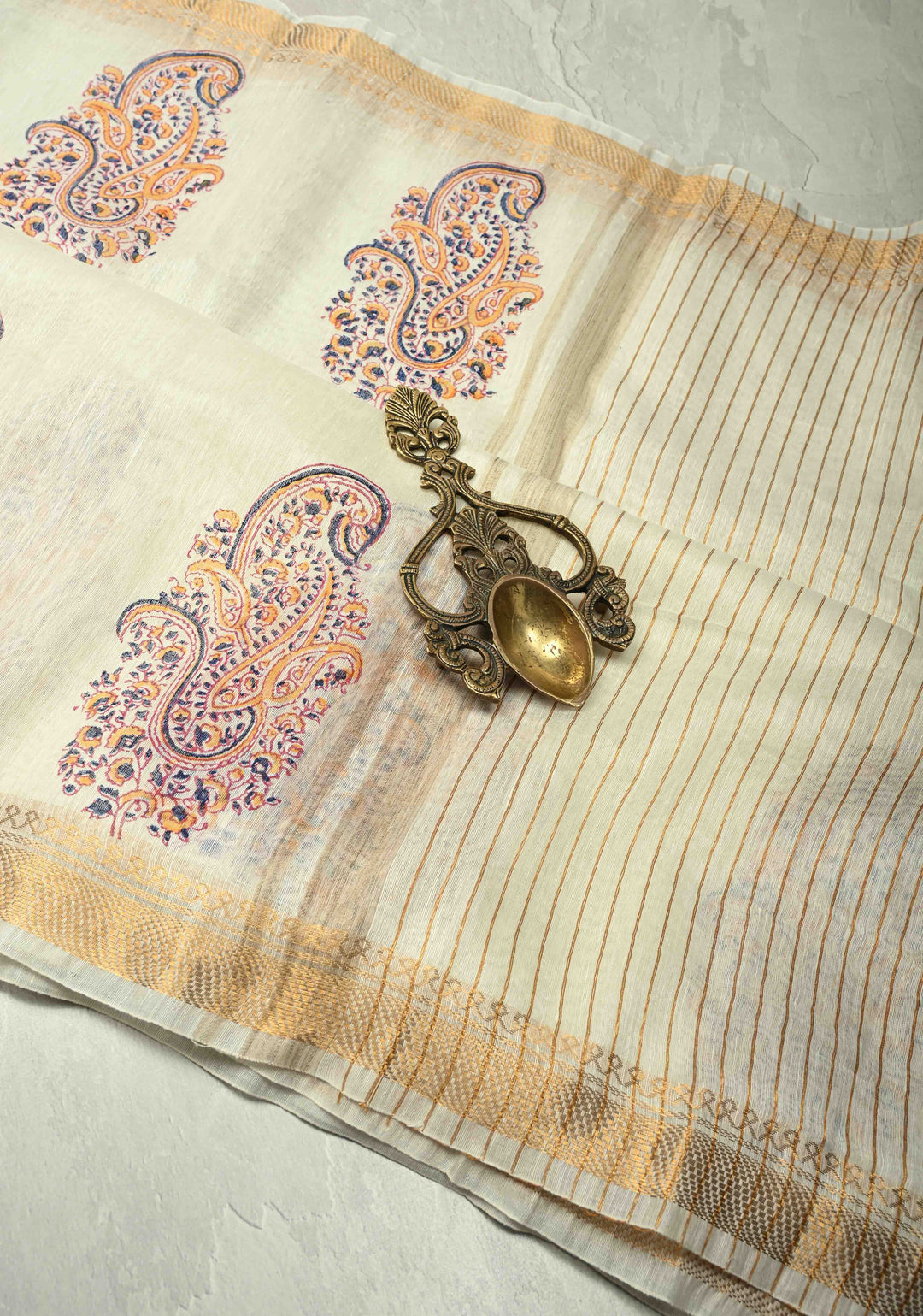 Off White Silk Linen Saree with Paisley Handblock Block Print Motifs and Zari Borders