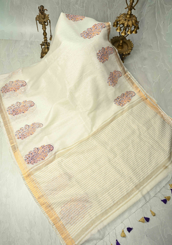 Off White Silk Linen Saree with Paisley Handblock Block Print Motifs and Zari Borders
