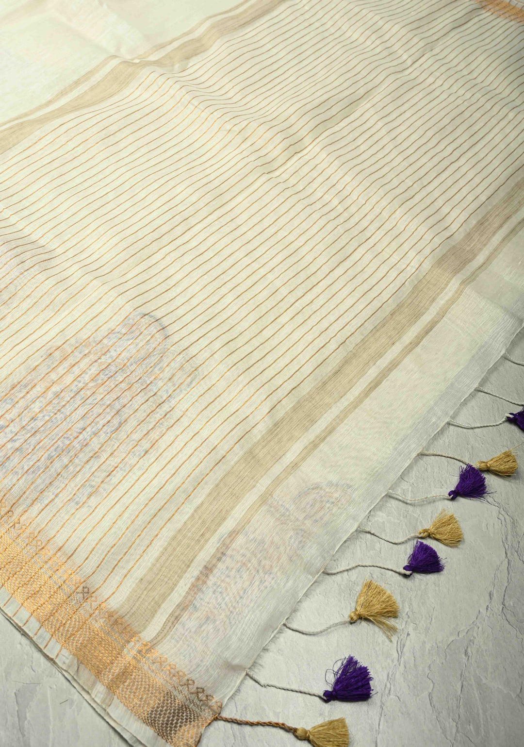 Off White Silk Linen Saree with Paisley Handblock Block Print Motifs and Zari Borders