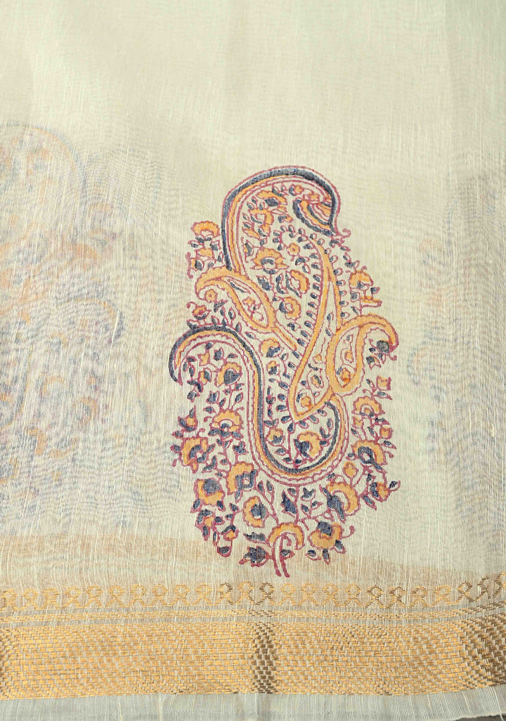 Off White Silk Linen Saree with Paisley Handblock Block Print Motifs and Zari Borders