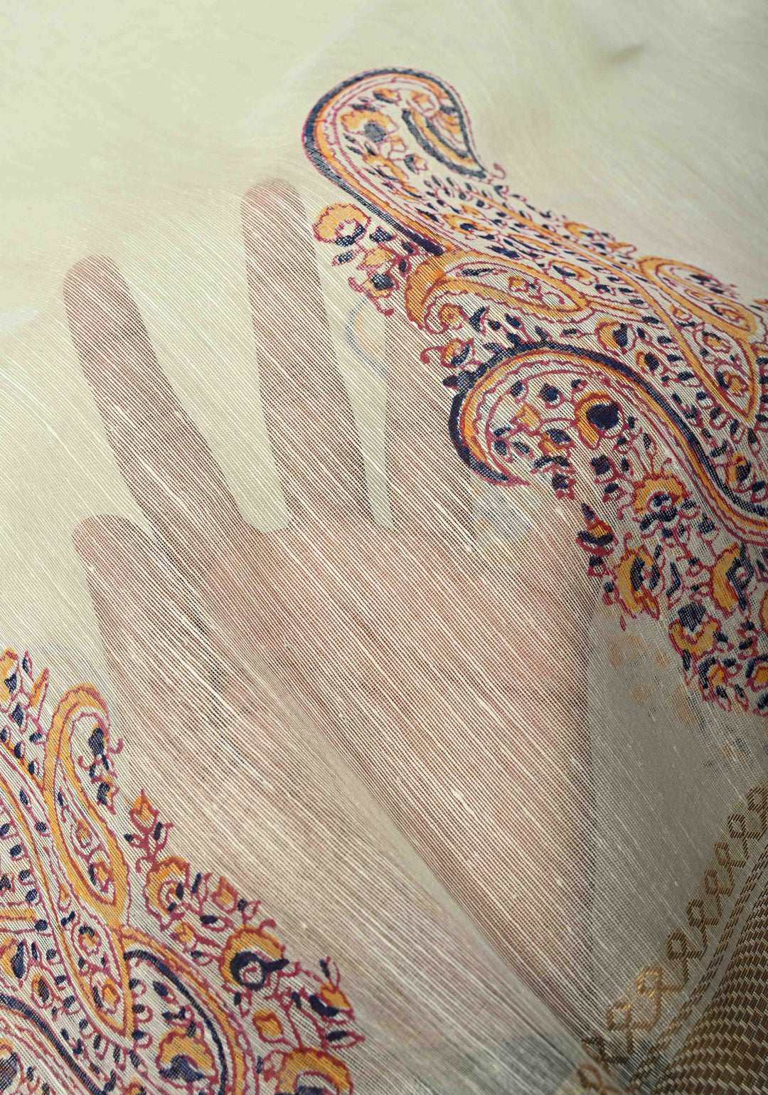 Off White Silk Linen Saree with Paisley Handblock Block Print Motifs and Zari Borders