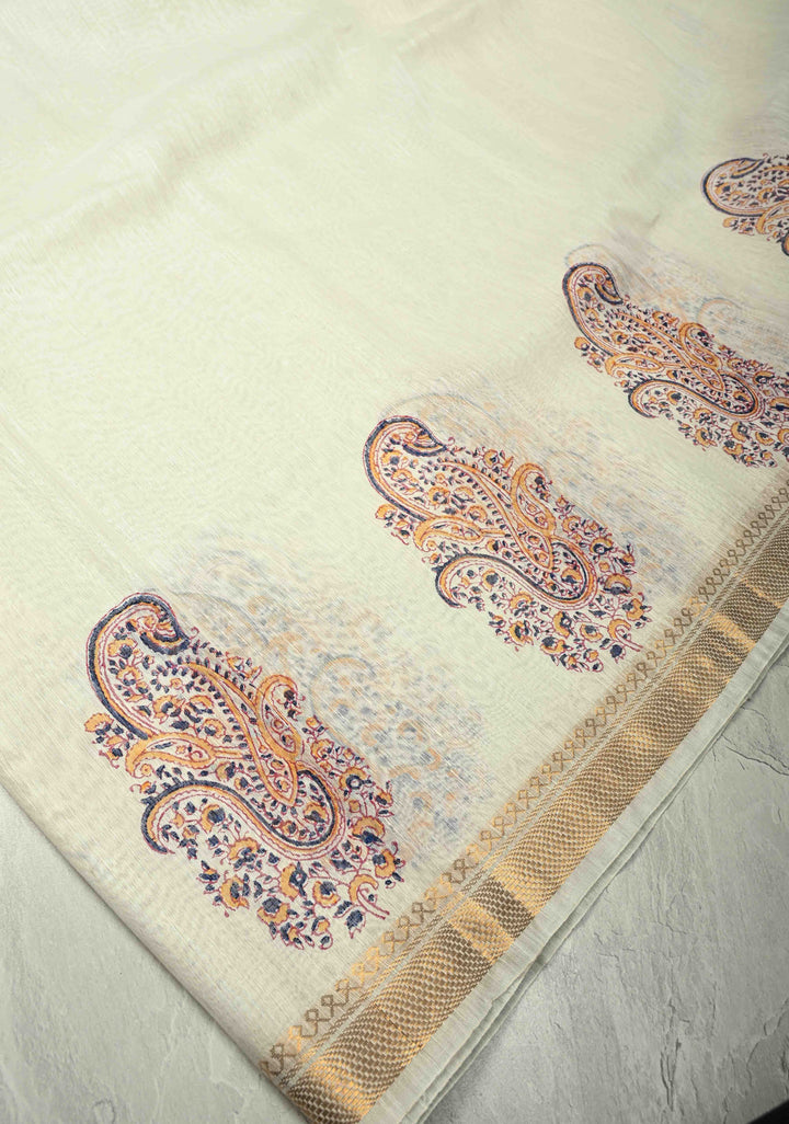 Off White Silk Linen Saree with Paisley Handblock Block Print Motifs and Zari Borders