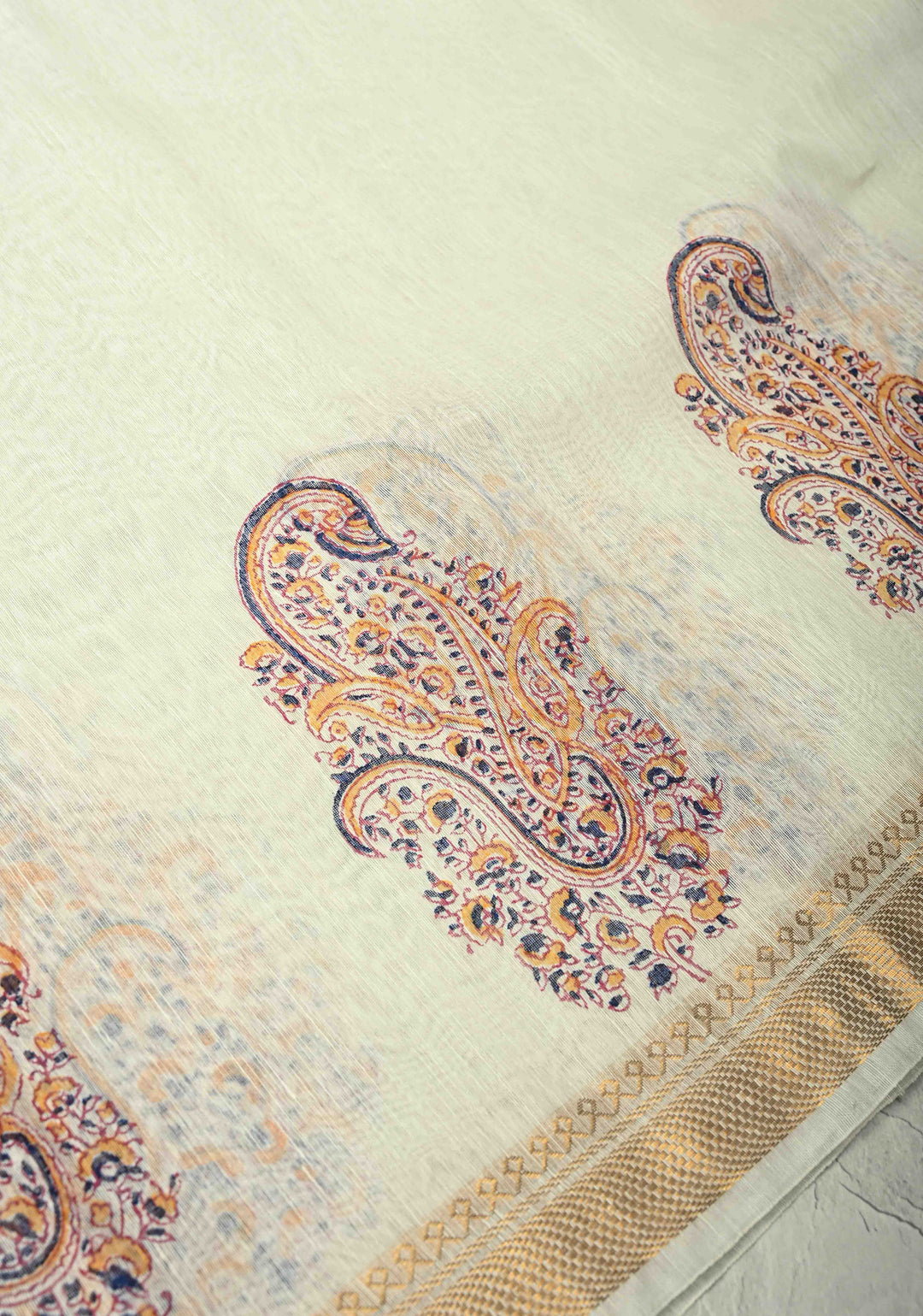 Off White Silk Linen Saree with Paisley Handblock Block Print Motifs and Zari Borders