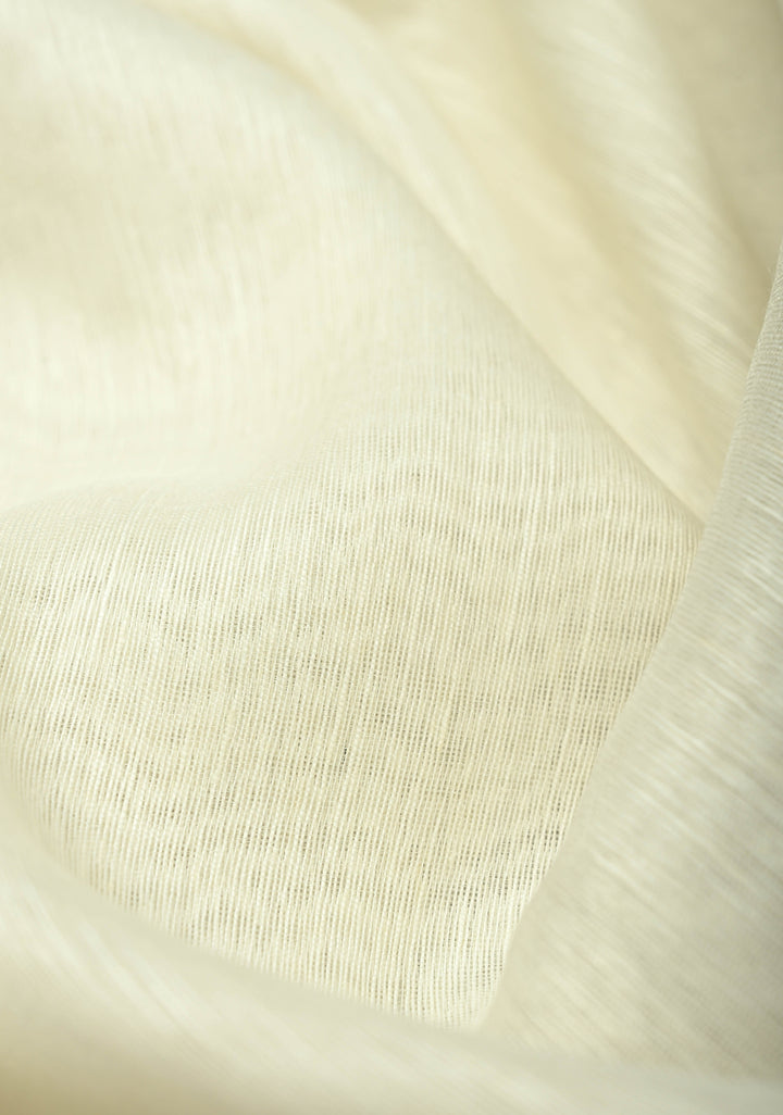 Off White Silk Linen Saree with Paisley Handblock Block Print Motifs and Zari Borders