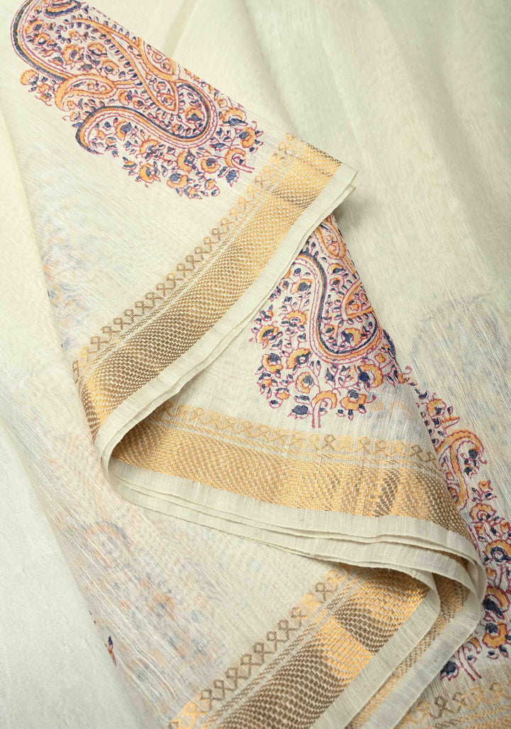 Off White Silk Linen Saree with Paisley Handblock Block Print Motifs and Zari Borders