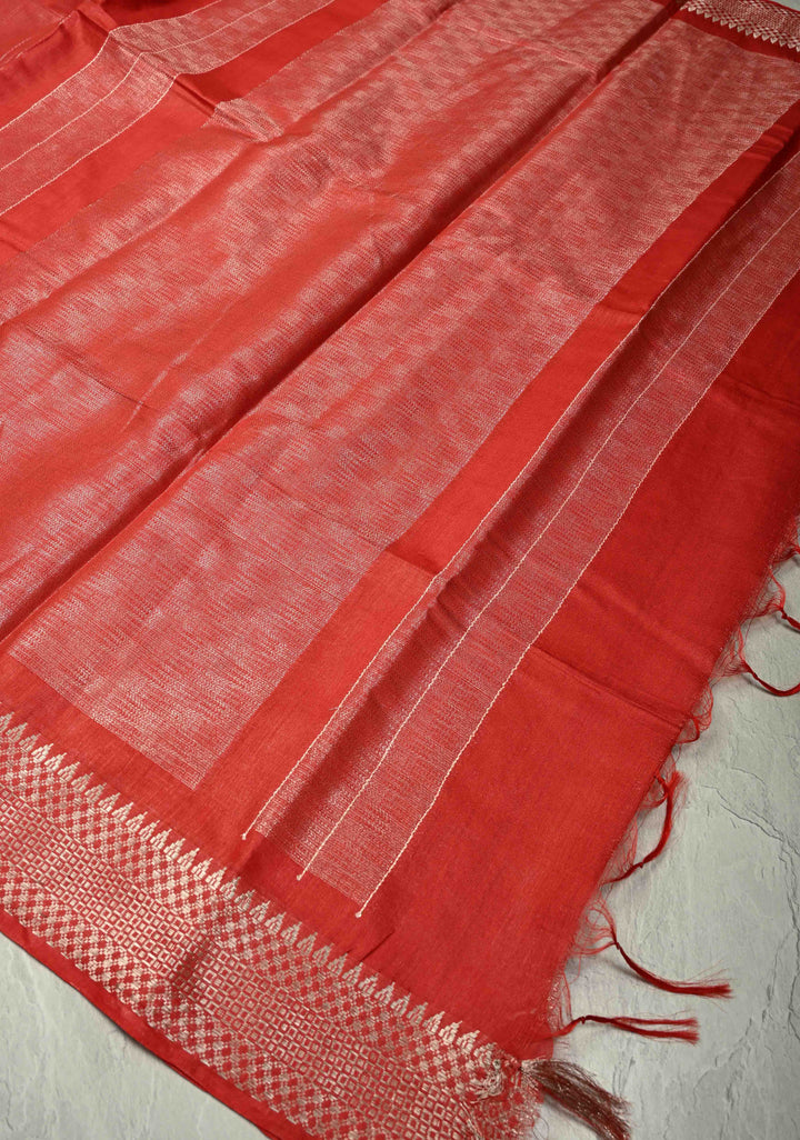 Red Semi Tussar Tissue Saree with Temple Silver Zari Border