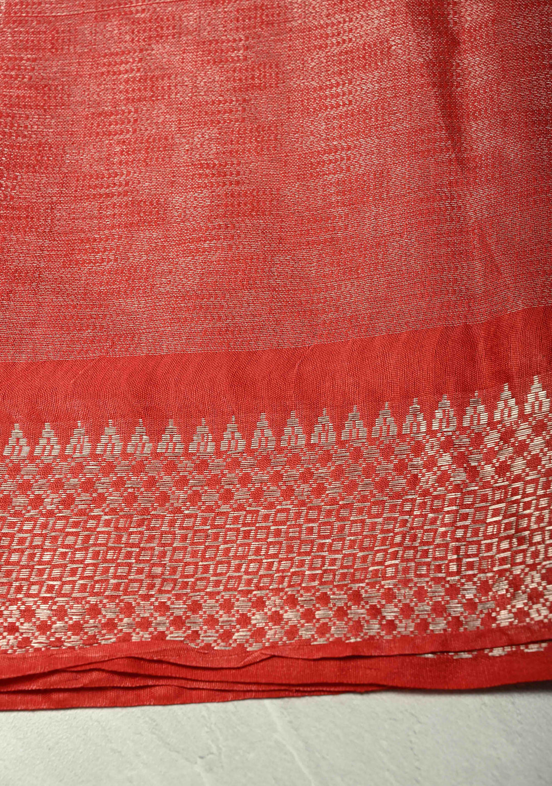 Red Semi Tussar Tissue Saree with Temple Silver Zari Border
