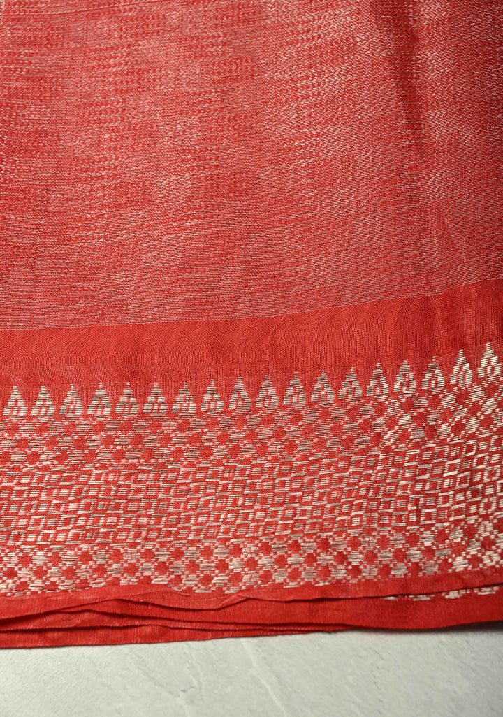 Red Semi Tussar Tissue Saree with Temple Silver Zari Border
