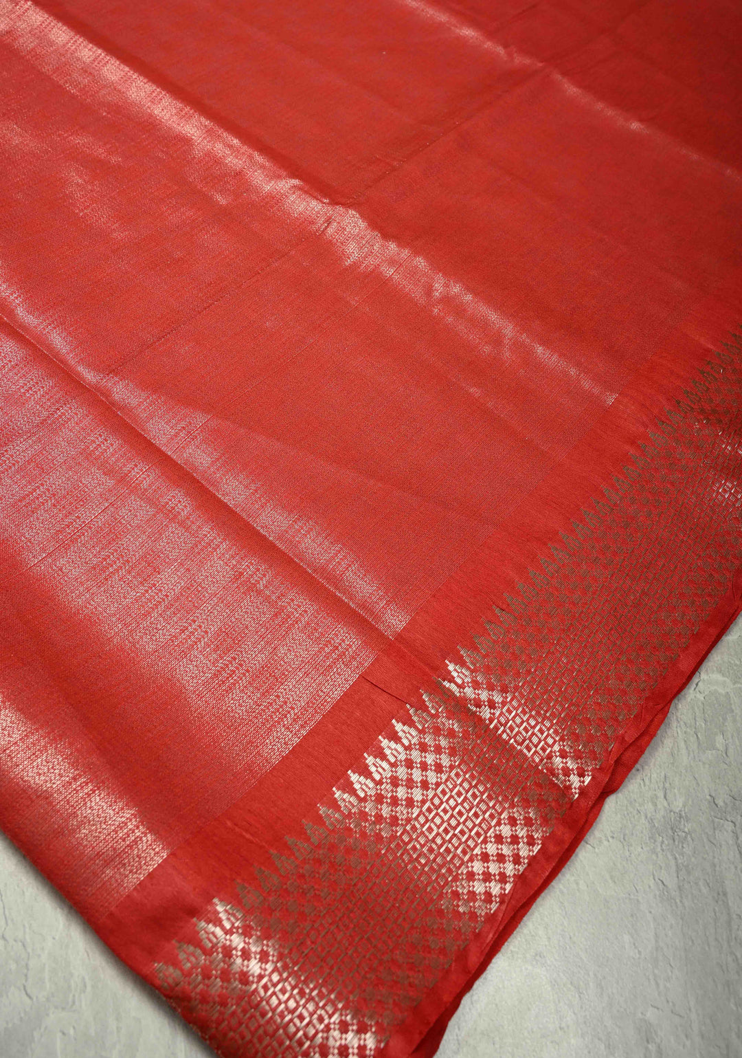 Red Semi Tussar Tissue Saree with Temple Silver Zari Border
