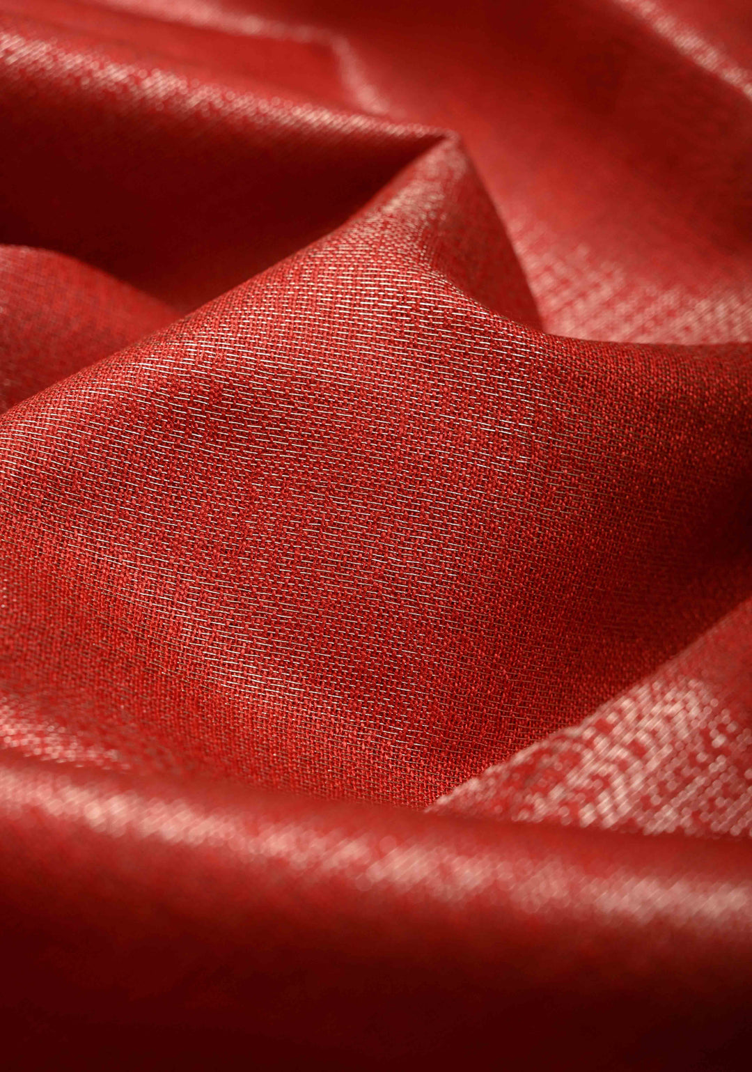 Red Semi Tussar Tissue Saree with Temple Silver Zari Border